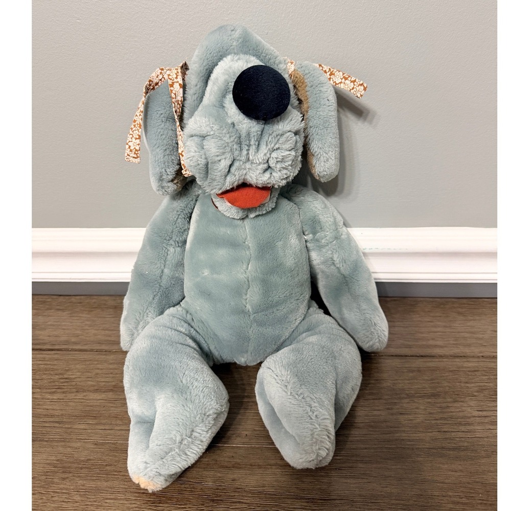Vintage 1981 Ganz Bros Wrinkles Dog Plush Blue Grey Hound‎ 18 Inch Toy Ribbons